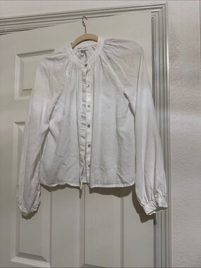 Bella Dahl White Button-Front Peasant Blouse with Gathered Yoke